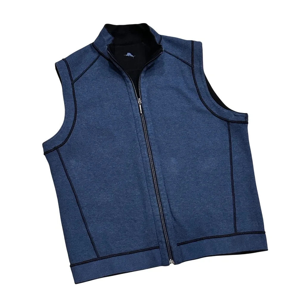 Tommy Bahama Mens Reversible Vest Full Zip Black Blue XL Cotton Mock Neck Casual